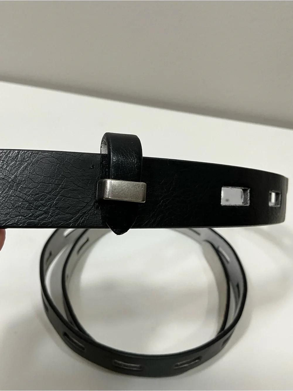 LODIS Black Leather Cutout Belt Silver Buckle Skinny Belt Made in Italy XL